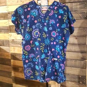 Cherokee floral scrub top sz small Navy.